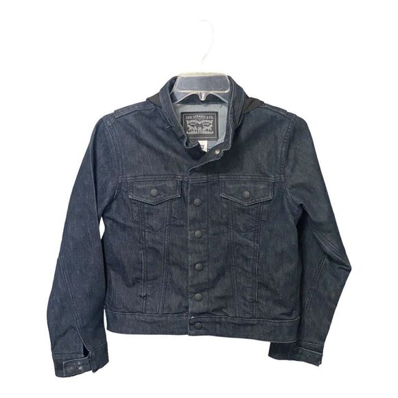 Levi's Jackets & Blazers - Levis Trucker Jacket with Hide -a- Way Hoodie Size L Dark Blue Logo Snaps Women